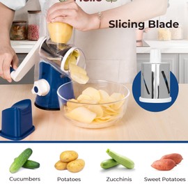 X Home Rotary Cheese Grater for Kitchen, Shredder with 3 Interchangeable Blades, Rotary Grater with Handle and Strong Suction Base, for Vegetables, Fruit, Nuts, Easy to Use and Clean, Dark Blue