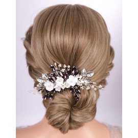 Teyglen Purple Rhinestone Flower Wedding Hair Comb Boho Silver Leaf Hair Piece Bridal Crystal Pearl Hair Comb for Bride Wedding Hair Accessories for Women Party Prom Wedding Headpiece(Purple)