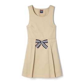 French Toast Girls 4-14 Box Pleat Twill Jumper with Striped Bow (Khaki, 6X)