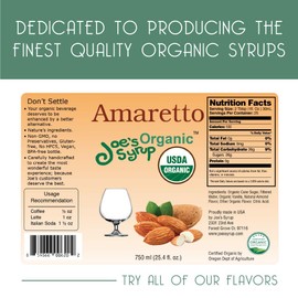 Joe’s Syrup Organic Flavored Syrup, Organic Amaretto, 750 ml (3 Pack)