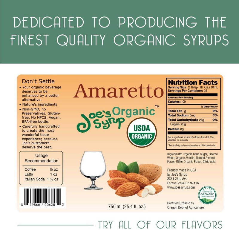 Joe’s Syrup Organic Flavored Syrup, Organic Amaretto, 750 ml (3