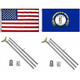 AES 3x5 3'x5' USA American w/State of Kentucky Flag w/Two 6' Aluminum Flagpole Pole Kits Eagle Topper