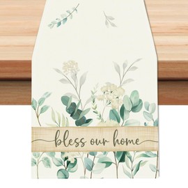 Bonhause Eucalyptus Leaves Table Runner 13x90 Inch Green Plants White Flowers Spring Summer Seasonal Holiday Kitchen Dining Table Decoration for Indoor Outdoor Home Party Decor