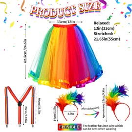 BiuCrush Rainbow Tulle Skirt with Feather Headband Colourful Braces Fancy Dress Costume Women's Rainbow Unicorn Skirt 50s Skirt Petticoat Carnival Fancy Dress Tutu Women Girls, Colourful