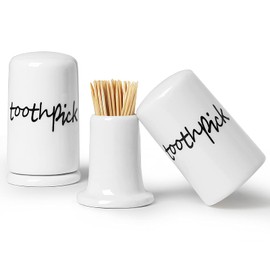 ONTUBE Ceramic Toothpick Holder Dispenser with Lid, Set of 2, White