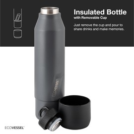 EcoVessel Stainless Steel Bottle with Removable Cup, Vacuum Insulated Thermos for Hot and Cold Drinks, with Folding Handle for Travel and Camping, 25oz (Gray)