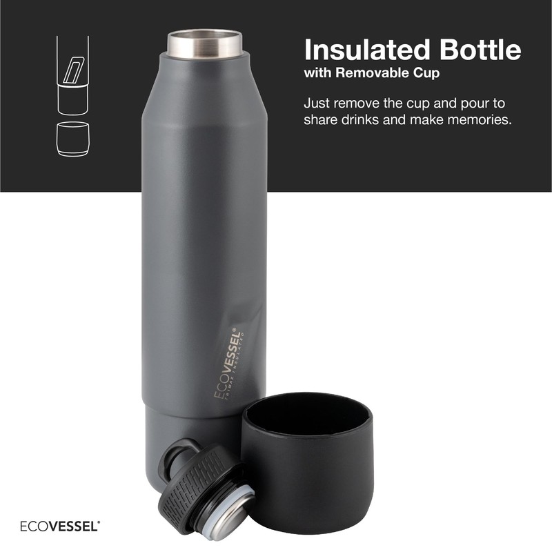 EcoVessel Stainless Steel Bottle with Removable Cup, Vacuum Insulated Thermos