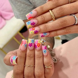 Flower Press on Nails Short Square Shaped Fake Nails with Colorful Floral Designs Full Cover Summer Press on Nails Glossy False Nails Acrylic Stick on Nails for Women Nail Art DIY 24 Pcs