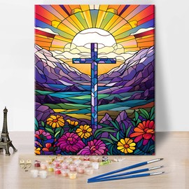 TISHIRON Abstract Paint by Numbers for Adults Cross Flowers Background DIY Adult Paint by Number Kits on Canvas Religion Acrylic Painting by Numbers Oil Painting Art Crafts 16x20 in