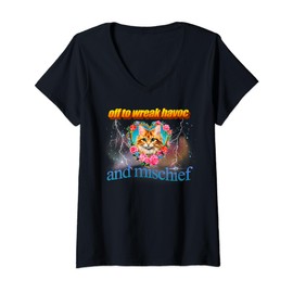 Womens Off to Wreak Havoc and Mischief | Funny Cat Lover Meme V-Neck T-Shirt