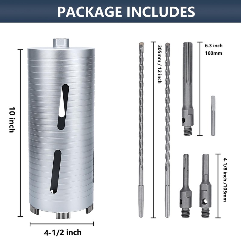 4-1/2 inch Diamond Dry Core Drill Bit, 10" Drilling Depth,
