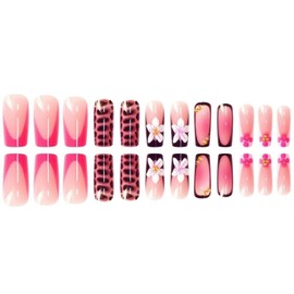 24 Pcs Square Shaped Press on Nails Long Fake Nails Gradient Glossy Full Cover Summer False Nails with White Flowers Designs Black French Tip Acrylic Nails Stick on Nails for Women Nail Art DIY