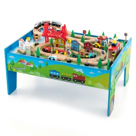 Costzon Train Table, 80 Pcs, Wooden Kids Activity Table Playset with Reversible & Detachable Tabletop, Solid Wood Tracks, Train, Railway, City, DIY Design, Gift for Boys & Girls, Multi-Color