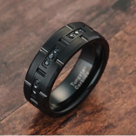 100S JEWELRY Black Tungsten Rings For Men Wedding Band Black CZ Moissanite Inlay Rectangular Shapes Matte Finish Size 6-16 (Tungsten, 15.5)