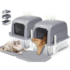 Meowant Stainless Steel Cat Litter Box 2Pcs, Extra Large 3-in-1 Enclosed/Open Top Metal Litter Box with Lid, Odorless Cat Litter Pan with High Sides