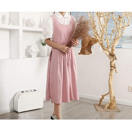 losofar Women Girls Vintage Pleated Split Apron V Neck Gardening Works Cotton Overall Smock Pinafore Dress (pink, 40" L)