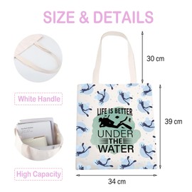 ENSIANTH Diving Gifts Diving Tote Bag Life Is Better Under The Water Diver Gifts Large Reusable Canvas Grocery Bags Shopping Bag (241111 Diving Tote)