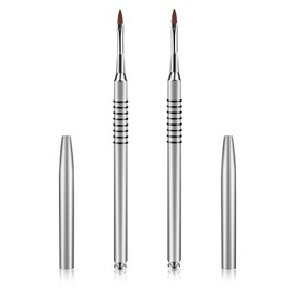 Hariendny 2 Pack 3D Nail Art Brush for Acrylic, Kolinsky Acrylic Nail Brushes Set, Nail Lining Brush Nail Salon Painting Brush Pen with Non-Slip Handle, Silver Metal Nail Art Pen (Size #2)