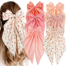 6 PCS Hair Bows for Women, Big Bow Hair Clips for Girls, Silky Satin Hair Bows Clips Oversized Long Tail, Large Cute Aesthetic Hair Accessories, Metal Bow Hair Clips Holiday Gifts Cherry