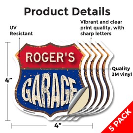 Roger's Garage (5 Pack) 4 inch X 4 inch Shield Shaped Heavy Duty 3.2 mil Vinyl Decals Weather Resistant, UV Protected To last, Gift for Dads and Uncles Classic Americana Crafted in the USA