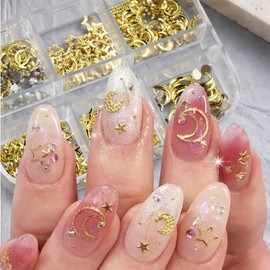 6 Grids 3D Gold Nail Charms Metal Alloy Star Moon Nails Art Studs Hollow Gold Star Nail Rhinestones for Acrylic Nails DIY Accessories Star Nail Gems Jewelry Decoration Kit for Women Nail Art Supplies