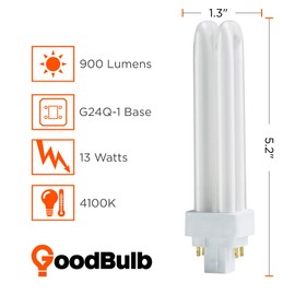 GoodBulb 13 Watt CFL Light Bulbs 4 Pin G24Q-1 Base 4100K Cool White 13W High Output 900 Lumens Double Tube Compact Fluorescent Light Bulbs Plug-in 10 Pack