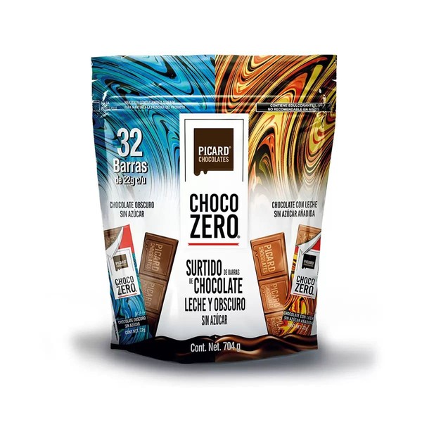 Choco Zero Barras de Chocolate Obscuro Sin Azucar 32 Barras - 704 g