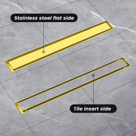 Dilvii Linear Shower Drain 36 Inch Brushed Gold, Stainless Steel Rectangle Bathroom Floor Drain Tile Insert with Reversible Cover, Hair Catcher, Adjustable Feet