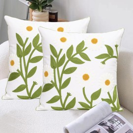 Pilmandu Pack of 2 Embroidered Decorative Throw Pillow Cover 18x18 Inch Farmhouse Floral Pillowcase for Living Room Sofa Bed (White Floral)