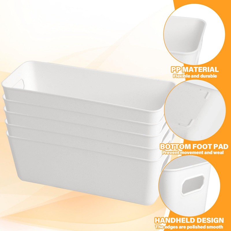W&H 5 PCS Plastic Storage Boxes, White Rectangle Bathroom Storage