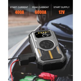 Eigotrav Car Battery Jump Starter with Air Compressor, car Jumper Portable 6000A (Up to 7.5L Gas, 6L Diesel), LCD Display LED Flashlight Operating Temperature -20℃ to 70℃ (PD-270, 6000A)