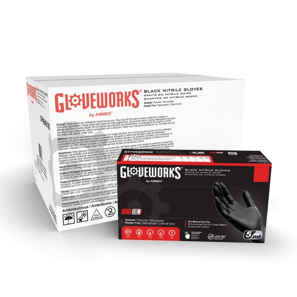 GLOVEWORKS Black Disposable Nitrile Industrial Gloves, 5 Mil, Latex & Powder-Free, Food-Safe, Textured, X-Large, Box of 100