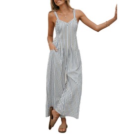 CUPSHE Maxi Jumpsuit for Women Striped Sleeveless Smocked Cutout Back Wide Leg Summer Casual Overall Romper, Blue Striped, Small
