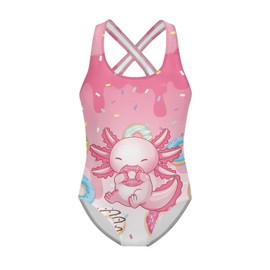 Dremagia Axolotl Swimsuit Girls 5-6 Ice Cream Donuts Sprinkles Swimsuits Full Coverage One Piece Bathing Suit Sleeveless Tummy Control Gymnastics Leotard with Criss Cross Straps Summer Swiwmear