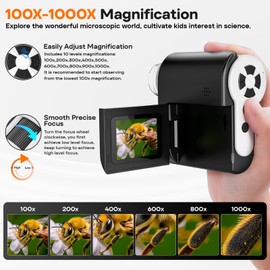 Portable Handheld Microscope for Kids with 2-inch-Screen: 1000x HD Digital Microscope for Kids Educational Science Kit, Christmas Birthday Gifts for Kids Age 5 6 7 8 9 10 11 12 (Black)