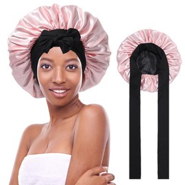 AWAYTR Satin Bonnet Silk Like Bonnets for Sleeping Sleep Cap Double Layer Haircare Bonnet with Elastic Tie Band for Curly Hair Night Cap Pink:_Black + Dark Blue