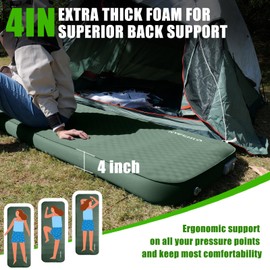 NYECHTO Self Inflating Sleeping Pad for Camping, 4" Extra-Thick Memory Foam Camping Mattress with Electric Pump, Fast Inflate & Deflate,9.5 R-Value Insulated Camping Pad for Car Travel Tent Cot, Green