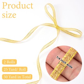 Pndeyo 1/4in 50 Yard Gold Ribbon for Gift Wrapping, Glossy Satin Ribbon Roll, Glitter Thin Fabric Ribbon for Christmas Wedding Birthday Party Bouquet Decoration