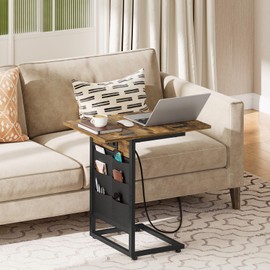 YATINEY Foldable C Shaped End Table with Charging Station, C Shaped Side Table for Couch, C Table, Sofa Table with Cloth Bags, for Living Room, Bedroom, Rustic Brown SF01BR
