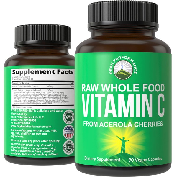 Peak Performance Raw Whole Food Natural Vitamin C Capsules from Acerola Cherry for Max Absorption. Vegan USA Sourced Vitamin C Supplement 90 Pills. 500 mg Serving or 2 Servings 1000mg