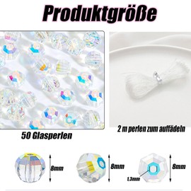 Femnow 50 Stück Glasperlen Zum Auffädeln, 8 mm Runde Facettierte Glasperlen mit Auffädeln, Bunte AB Farbe Facettierte Perlen, Glasperlen für Armbänder, DIY Schmuckherstellung Armbänder Halskette