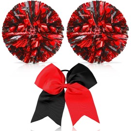 Theaque Cheerleader Pompoms and Large Cheerleader Hair Bow for Girls 12 Inch Metallic Cheerleader Pompoms for Sports, Team Spirit, Cheering (Red and Black Mixed)