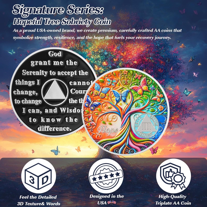 Baum der Hoffnung 3 Jahr Nüchternheit Münze, Affirmation AA Chip,