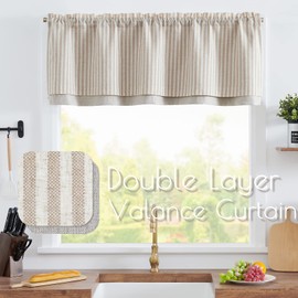 JINCHAN Linen Valance Curtain Striped Valance for Windows 16 Inch Blackout Kitchen Curtain Farmhouse Double Layer Valance for Living Room Ticking Stripe Overlay Valance Rod Pocket 1 Panel Tan on Beige