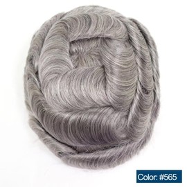 HAPPY&CC Grey Toupee for Men Indian Human Hair System 8x10 inch Hairpiece for Men Fine Mono with Thin Skin Hair Replacement 35% #5 Brown color with 65% Gray Hair Mens Toupee