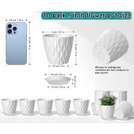 zople 10 Pack 5 Inch Plant Pots with Drainage and Saucers, White Plastic Flower Pots for Indoor and Outdoor Plants, Stackable Nursery Planters for Houseplants and Herbs, White
