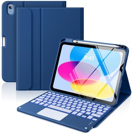 MoKo Touch Keyboard Case for iPad (A16) 11th Generation 11 inch 2025, iPad 10th Generation 10.9 inch Case with Pencil Holder, 7 Colors Backlit Multi-TrackPad Detachable Bluetooth Keyboard, Navy Blue