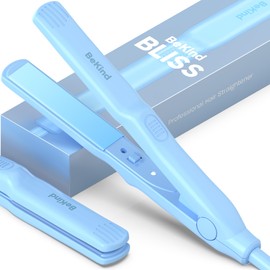 BeKind Bliss Hand-Sized Mini Hair Straightener - 0.7 Inch Portable Ceramic Small Flat Iron for Short Hair, Bangs, Curls - Lightweight, Dual Voltage Travel Hair Iron, Ideal for Styling - Blue