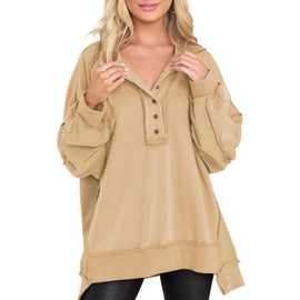 AlvaQ Oversized Sweatshirts For Women 2025 Fall Winter Outfits Casual Henley Neck Sweatshirt Loose Drop Shoulder Button Down Tunic Tops Khaki Large