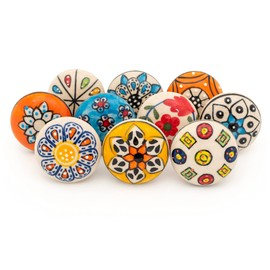 ETHNICITI 10 x Multicolour Flower Handpainted Round Ceramic Door Knobs Cupboard Drawers Cabinets Wardrobe Assorted Vintage Shabby Chic Kitchen Bedroom Living Furniture Dresser Pulls Handles - Design 1